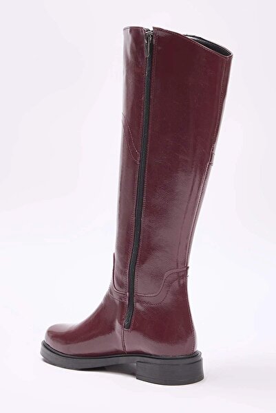 TRENDYOL SHOES Burgundy Buckle Zippered Round Toe Women's Flat Heel Riding Boots Takaw26Cz00009