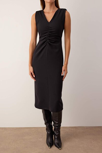 Trendyol Collection Black Straight Body Wrap Midi Woven Dress Twoaw26El00285