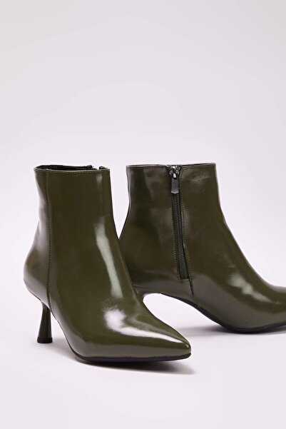 TRENDYOL SHOES Dark Khaki Pointed Toe Women's Thin Heeled Ankle Boots Takaw25Bo00016