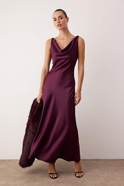 Trendyol Collection Purple A-Line Drape Neck Satin Maxi Stylish Dress Tprss25El00318