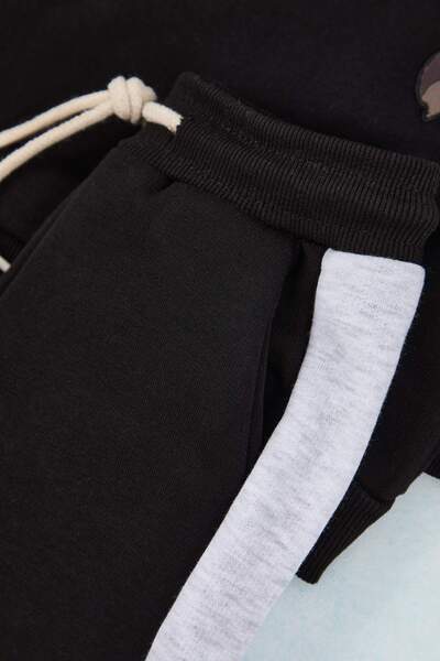 TRENDYOLKIDS Black Boy Animal Printed Hooded Oversize Knitted Bottom - Top Set Tkdaw26Au00036