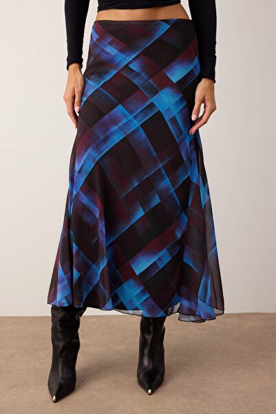 Trendyol Collection Multi-Colored Plaid/Checkered Chiffon Lined Low Waist Woven Maxi Skirt Twoaw26Et00139
