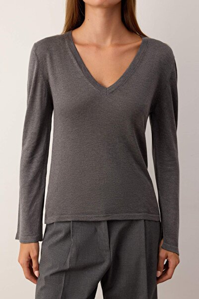 Trendyol Collection Anthracite V-Neck Basic Knitwear Sweater Twoaw26Kz00101