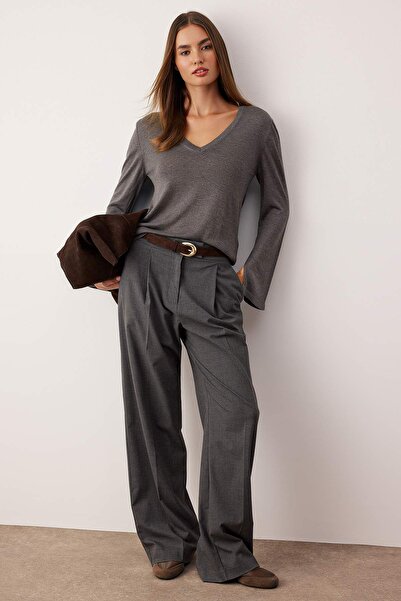 Trendyol Collection Anthracite V-Neck Basic Knitwear Sweater Twoaw26Kz00101