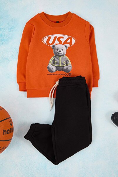 TRENDYOLKIDS Orange Printed Boy's Knitted Bottom - Top Set Tkdaw26Au00059