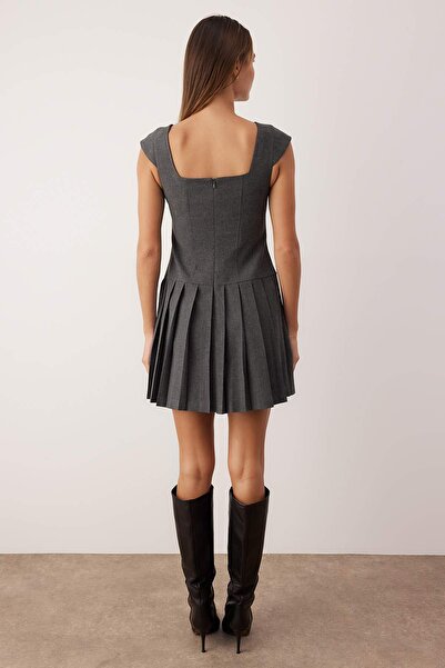 Trendyol Collection Anthracite Mini Polyviscose Pleated Woven Dress Twoaw26El00317