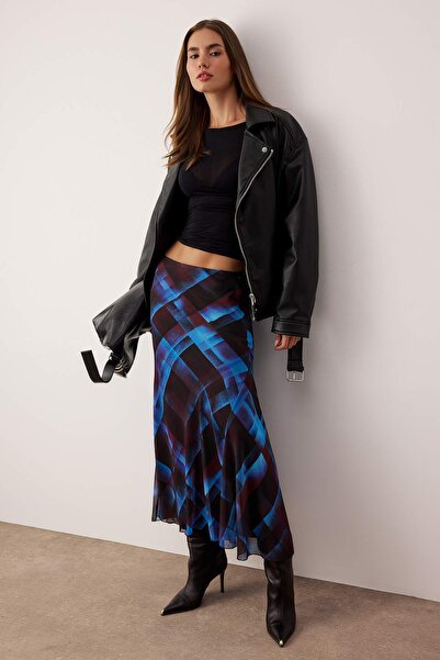 Trendyol Collection Multi-Colored Plaid/Checkered Chiffon Lined Low Waist Woven Maxi Skirt Twoaw26Et00139