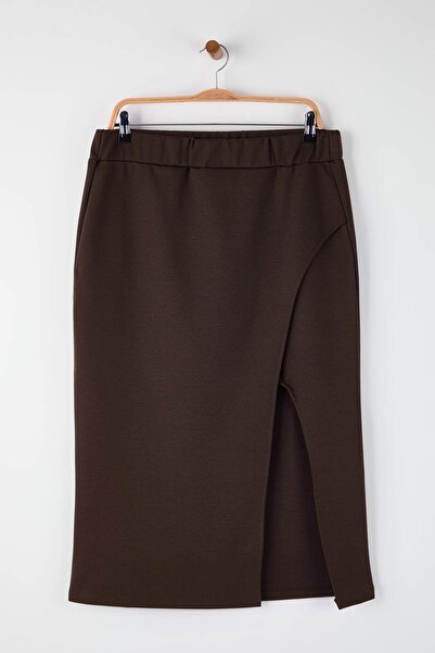 Trendyol Curve Brown Slit Detailed Knitted Stretch Fabric Plus Size Midi Skirt Tbbaw26Az00023
