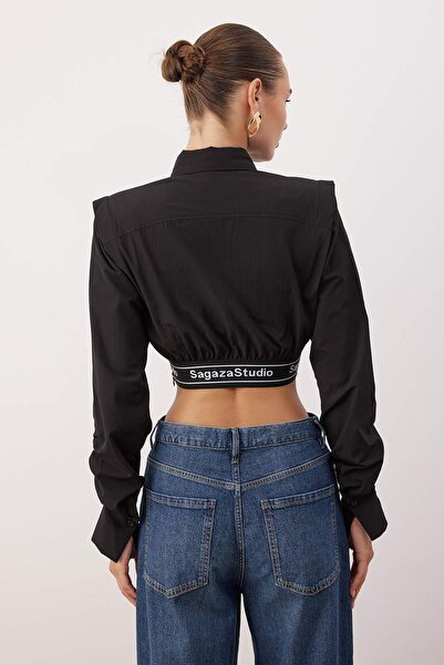 Trendyol Collection X Sagaza Studio Black Crop tkaná popelínová košile Tprss22Go00006