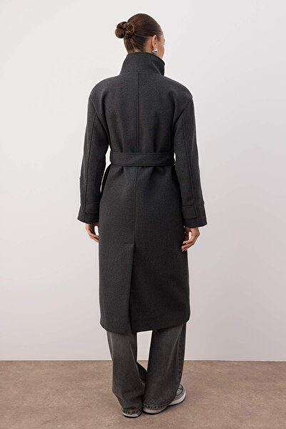 Trendyol Collection Anthracite Stand Collar Mono Closure Oversize Long Cashmere Coat Twoaw26Kb00067