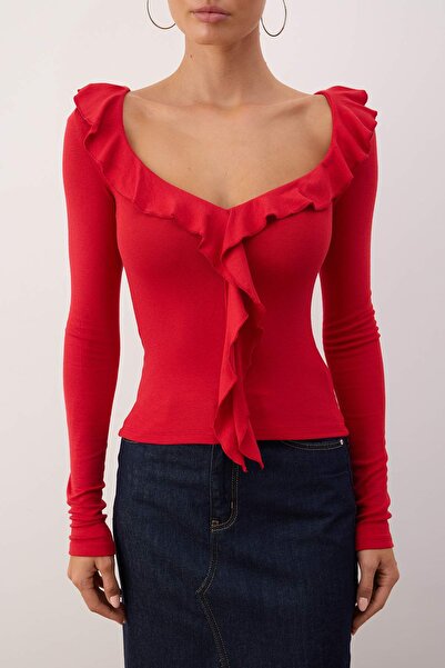 Trendyol Collection Red Ruffled Fitted/Bodycon Knitted Blouse Twoaw26Bz00287