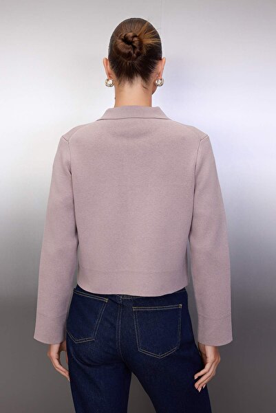 Trendyol Collection Special Collection Mink Cotton Blended Polo Neck Pocket Detail Knitwear Cardigan Twoaw26Hi00180