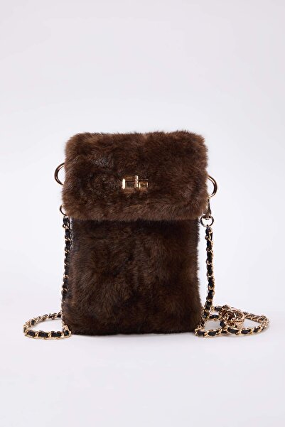 TRENDYOL SHOES Brown Faux Fur Crossbody Women's Shoulder and Phone Bag Takaw26Oc00083