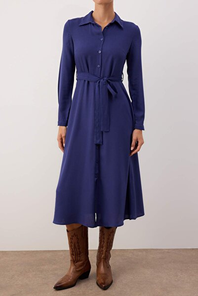 Trendyol Collection Navy Blue Plain Belted Midi Woven Dress Twoaw25El00436