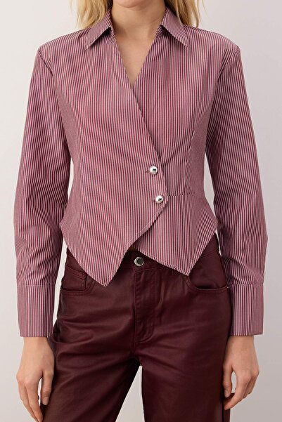 Trendyol Collection Burgundy-Multicolored Striped Silver Button Detailed Shirt Twoaw26Go00081