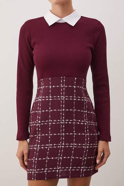 Trendyol Collection Vínové kostkované tkané šaty se vzorem - TWOAW21EL0454