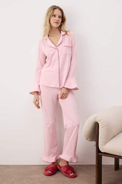 Trendyol Collection Pink Straight Piping 30/1 Openend Single Jersey Knitted Pajamas Set Thmaw26Pt00161