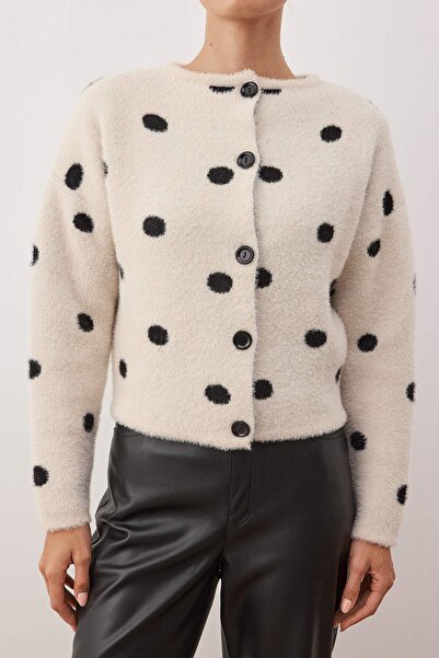 Trendyol Collection Ecru Soft Textured Crew Neck Polka Dot Knitwear Cardigan Twoaw26Hi00283