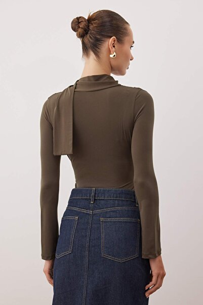 Trendyol Collection Khaki Shawl Detailed Fitted/Skin-Fitting Snap Fastener Flexible Knitted Bodysuit Twoaw26Bd00007