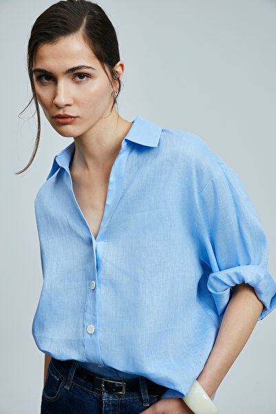 Lufian Juturna Kadın Keten Gömlek Mavi