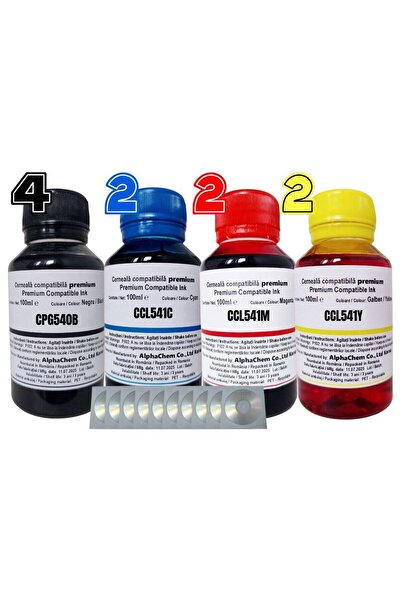 alphachem Set Flacon Cerneala Compatibil Canon 4x100ml PG-540 Negru, 2x100ml CL-541C Cyan, 2x100ml C