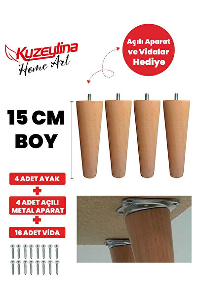 Kuzeylina Ahşap Konik Ayak - Mobilya, Koltuk, Tv Ünitesi Uyumlu - 15 Cm Ham- ...