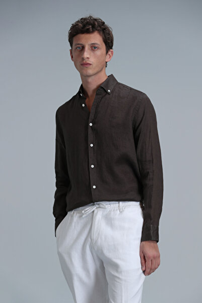 Lufian Pitaya Men's Linen Shirt Comfort Fit Brown