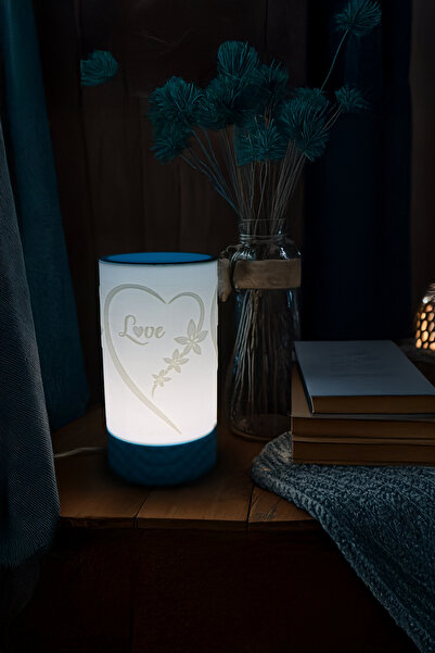 PAYİDAR MODEL Love Magic Blue Lampshade – Heart Pattern Led Night Light, White Body & Blue Cover, 25 cm