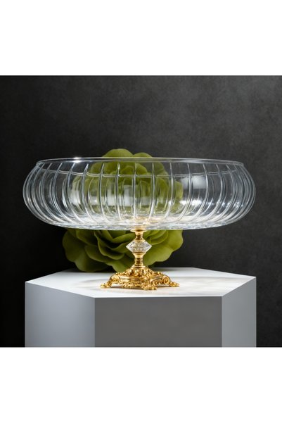 alfafe home طبق تقديم زجاجي للسلطة Lotus Crystal، بقطر 24 سم، مزخرف بنقشة كريستال مقطوع، بقاعدة معدنية