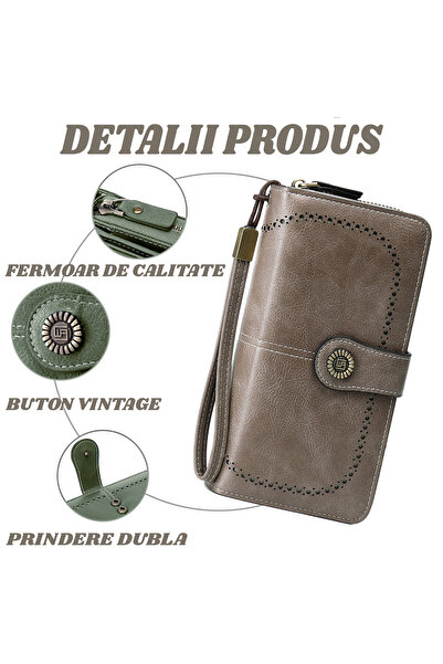 OptimStar Women's Wallet, Genuine Leather, RFID Blocking, 19.5x11.5x3.5cm, 3 Main Compartments, Grey