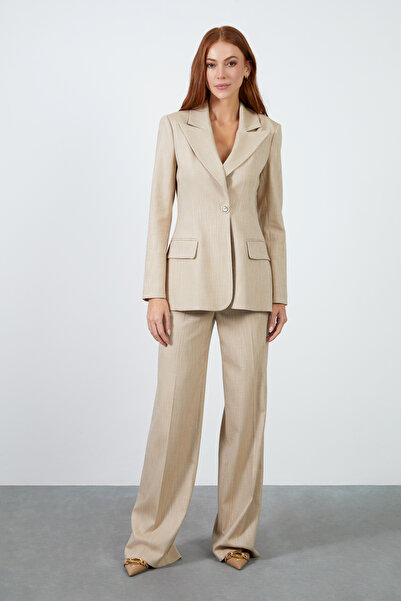 GİZİA Mono Kapamalı Ceket Ve Palazzo Pantolonlu Rahat Kesim Bej Takım