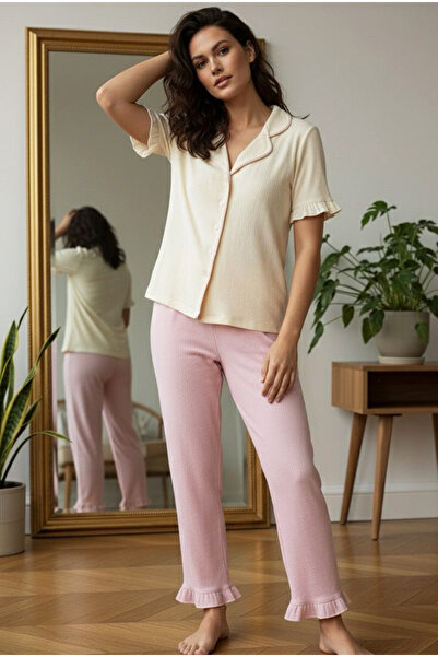Siyah İnci Ecru Pink Bürümcük-Krınkıl Short Sleeve Buttoned Piping Pajama Set 7932