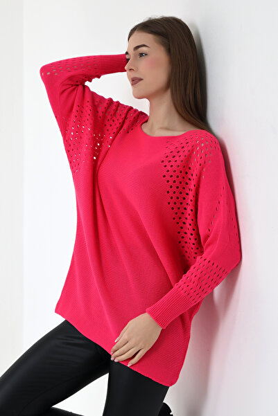 Devinka Kadın Pembe Oversize Ajurlu Salaş Triko Kazak