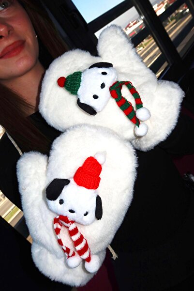 TAKIŞTIR Cream Color Dog Figure Strap Plush Gloves