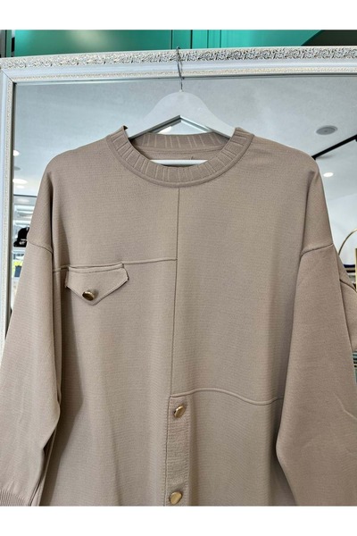 MERAM BUTİK Dna Mercerized Tunic with Button Detail - Light Mink - 1