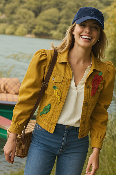 GZ Design Biber Işlemeli Hardal Renkli Balon Kol Jean Ceket