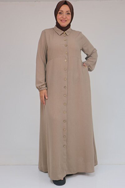 Eslina F-52024 Büyük Beden Desenli Keten Erkek Yakalı Elbise - Vizon