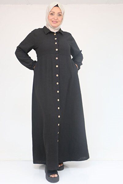 Eslina F-52024 Büyük Beden Desenli Keten Erkek Yakalı Elbise - Siyah