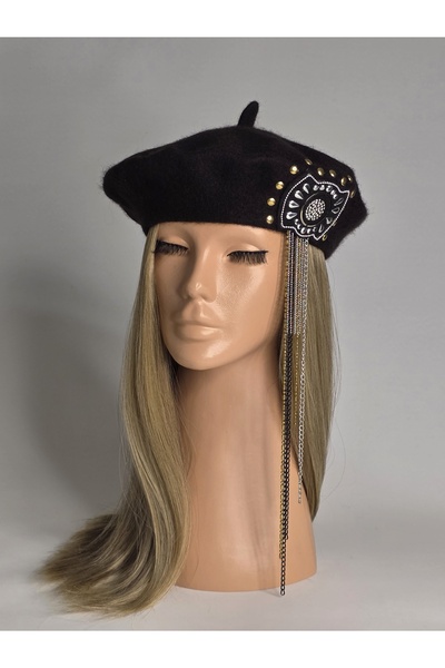 Senbeno Design ÖZGÜN TASARIM SİYAH FRANSIZ RESSAM BERESİ SALLANTI VE ZİNCİR DETAYLI