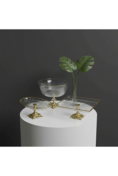 Elta Collection Gold Detaylı Metal ayaklı 3 parça sunum ve servis seti