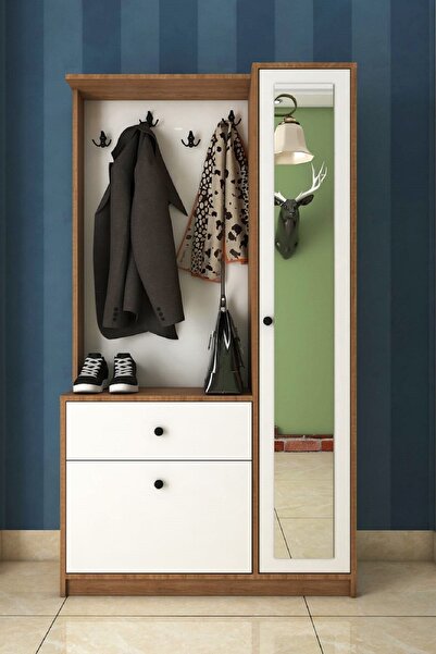 TOCCO MOBİLYA Başak Lüx Vestiyer Aynalı Portmanto Ayakkabılık Takımı-beyaz Meşe