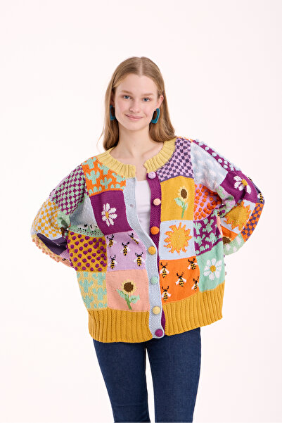 Flux Design Factory El Örgüsü Koton Patchwork Oversize Renkli Tasarım Hırka