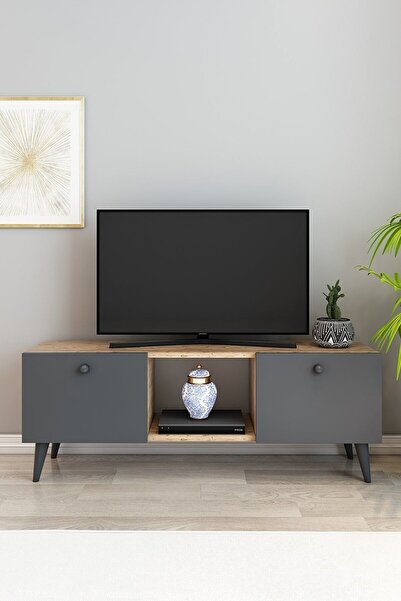 izcodesign 2 Kapaklı TV Ünitesi 120 cm – Antrasit Meşe TV Sehpası | Modern TV...