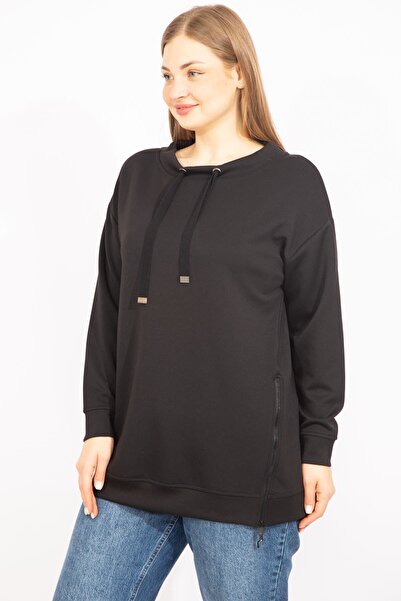 Şans Kadın Siyah Büyük Beden Yan Fermuar Yırtmaçlı Yakası Kuşgözü Detaylı Sweatshirt 65n35638