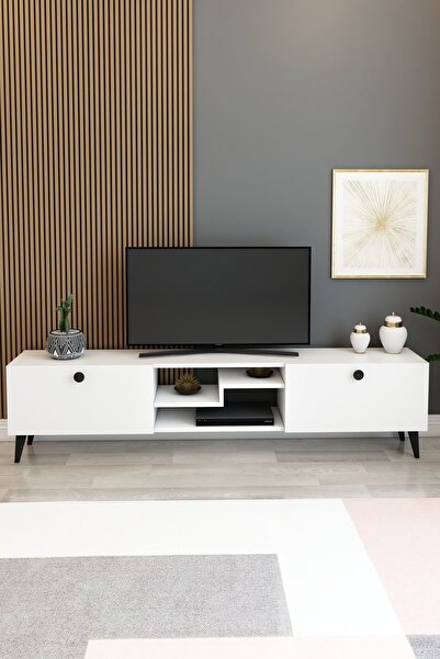 izcodesign Model Z 150 cm Beyaz TV Ünitesi – Dekoratif Raflı İki Kapaklı Mode...