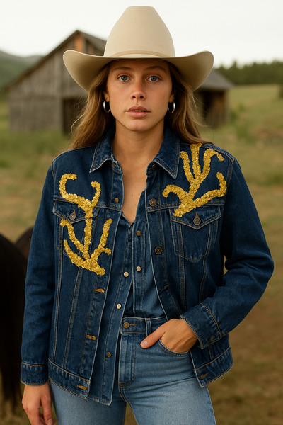 GZ Design Gold Dal Işlemeli Koyu Renk Jean Ceket
