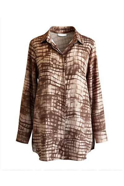 Hanezza Büyük Beden Şık Desenli Saten Krep Gömlek - Siyah Beyaz/kahve