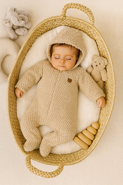 mini mia Baby Zippered Hooded Welsoft Soft Embossed Romper with Teddy Bear Emblem