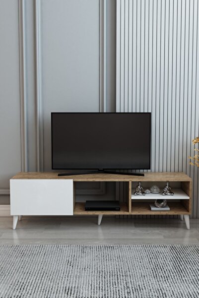 izcodesign Model Luna TV Ünitesi 150 cm Tek Kapaklı Raflı TV Sehpası | Çam Be...
