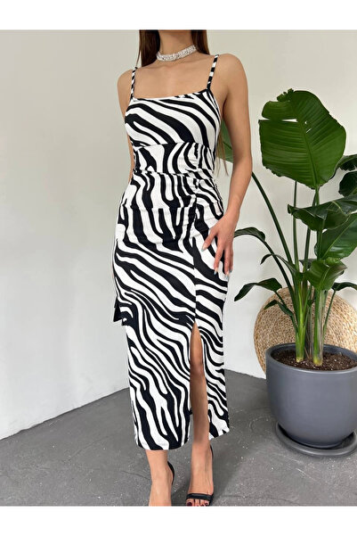shopivastore Women's Zebra Printed Shoulder Strap Back Low-Cut Slit Detail Dress